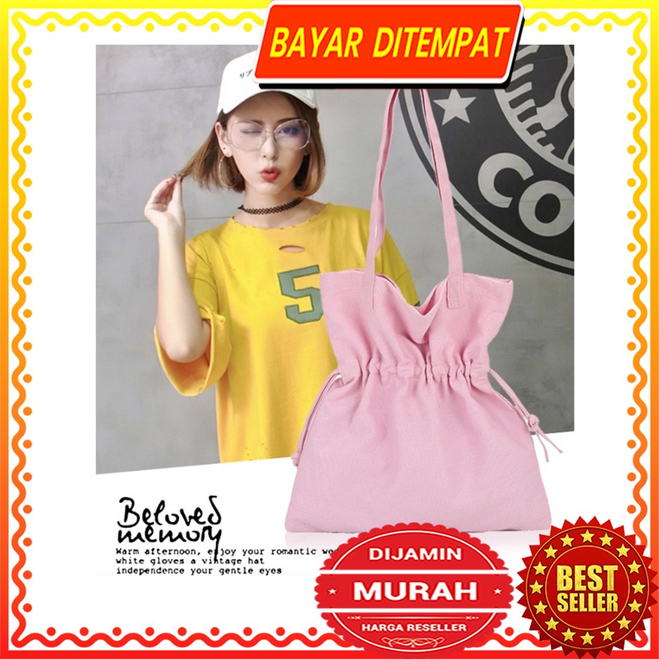 SALE LJY10 Tas Tote Wanita Korea Serut Tengah Kanvas Polos Warna Draw String Color TKM