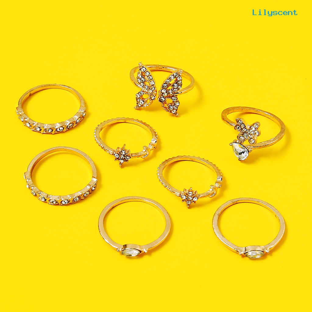 8pcs Cincin Knuckle Desain Kupu-Kupu Bunga Aksen Berlian Imitasi Untuk Wanita Element