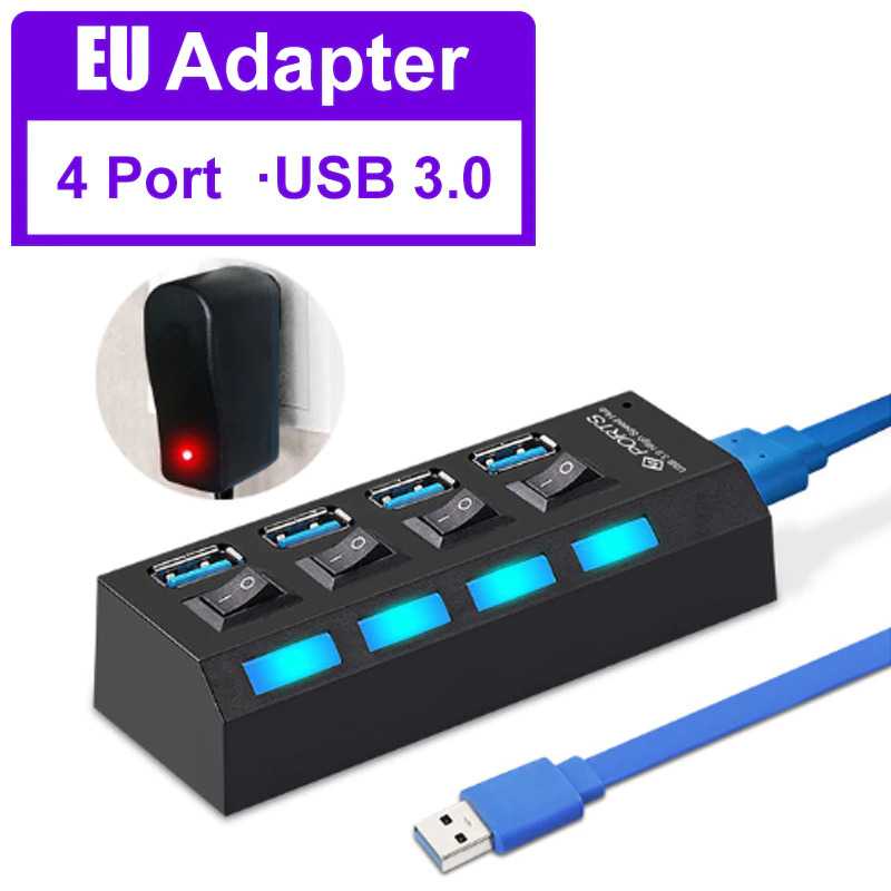 Pembagi 4 Port Lubang USB3.0 HUB USB versi 3.0 Saklar + Adaptor Power
