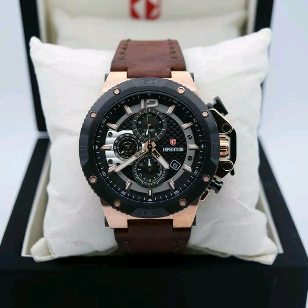 Jam Tangan Pria Original Expedition E 6751 Black Rosegold Brown Leather Garansi Resmi 1Tahun