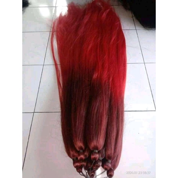 Rambut sambung / rambut cemara ombre mix 2warna hitam merah cabe panjang 90cm
