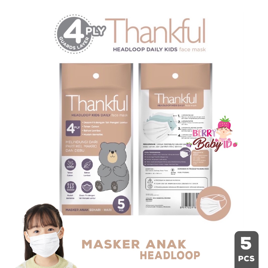 Thankful Masker Medis Anak Headloop 4 Ply Kids Face Mask Sachet 5 pc Berry Mart