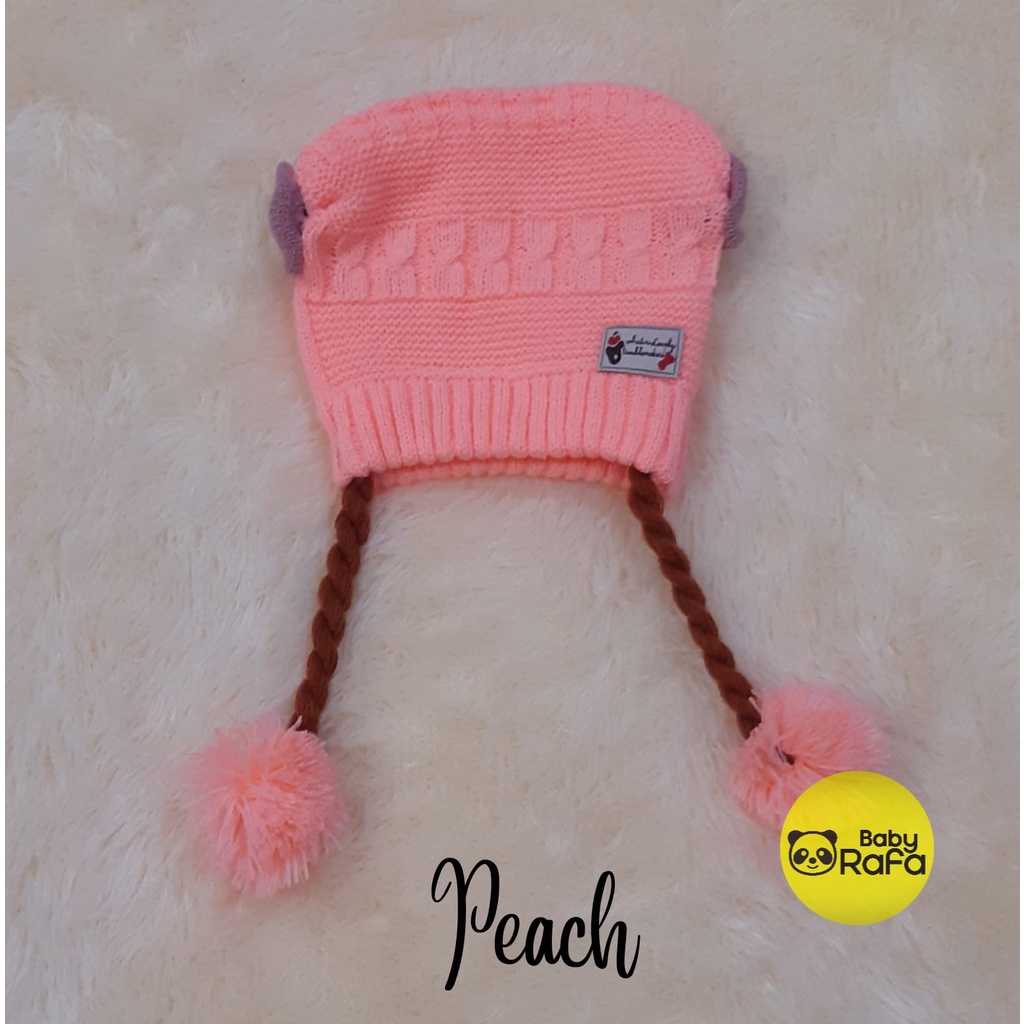 Topi Bayi Perempuan Rajut Pompom Model Kepang / Topi Rajut Premium Baby Girl model Kepang