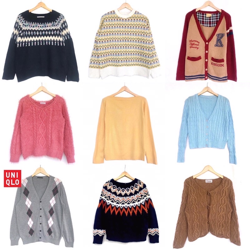 STOCK BARU READY PRELOVED SWEATER CARDIGAN CABLE FUZZY BULU VINTAGE MOTIF ARGYLE ACADEMIA
