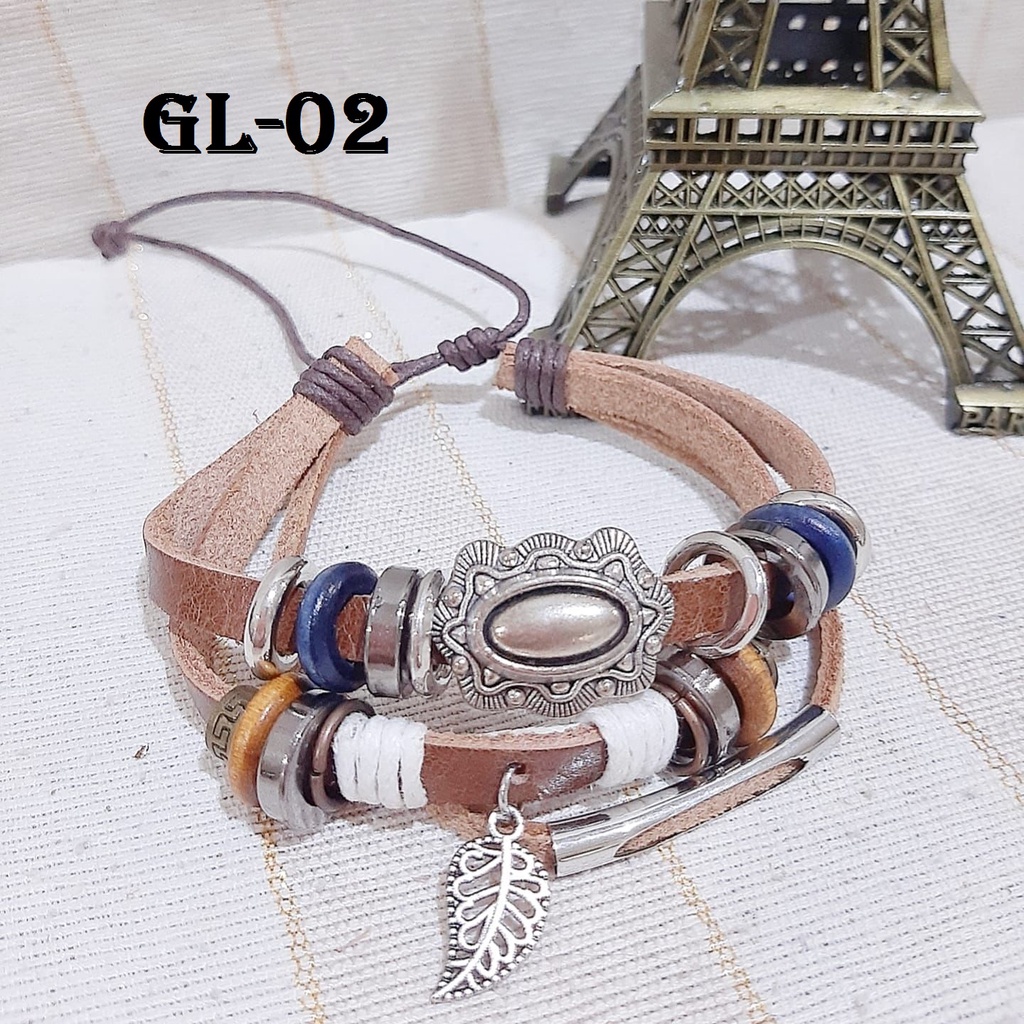 Gelang Motif DAUN Bahan Tali Kulit Yang Dapat Diatur GL-02 Tali Coklat