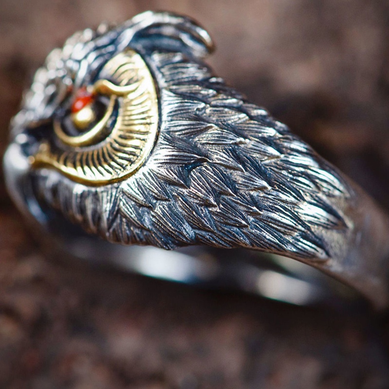 Cincin Model Terbuka Bahan Metal Desain Burung Hantu Gaya Nordic Viking / Hip Hop / Rock Untuk Pria