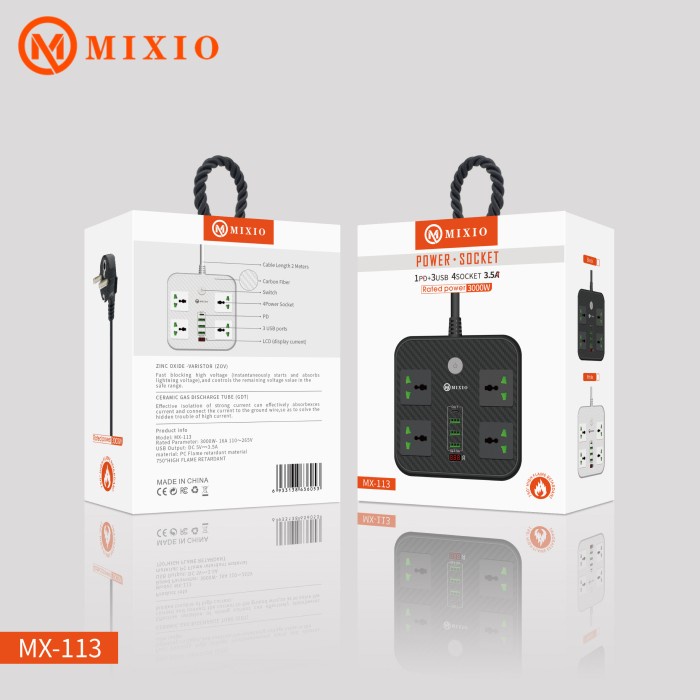 MIXIO 3.5A Power Socket Charger MX-113 1PD+3 USB+4 Socket