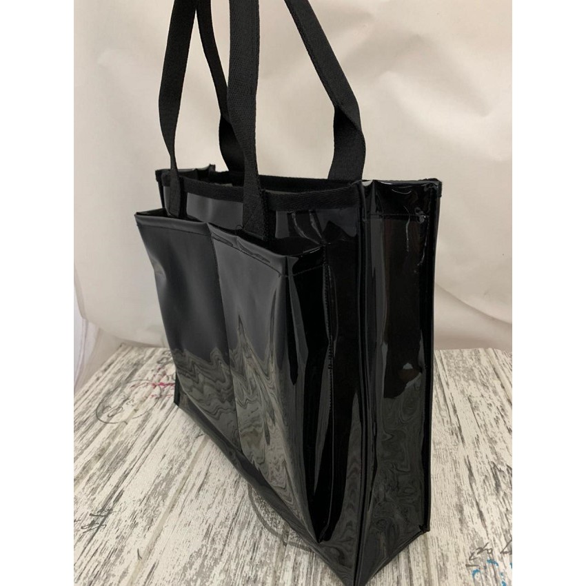 Tas Tote Mika PVC Hitam Muat Untuk Laptop dengan 2 kantong 40x10x30