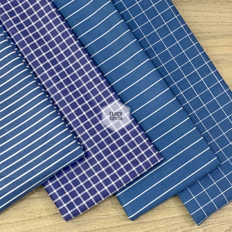 kain katun jepang motif kotak salur biru denim