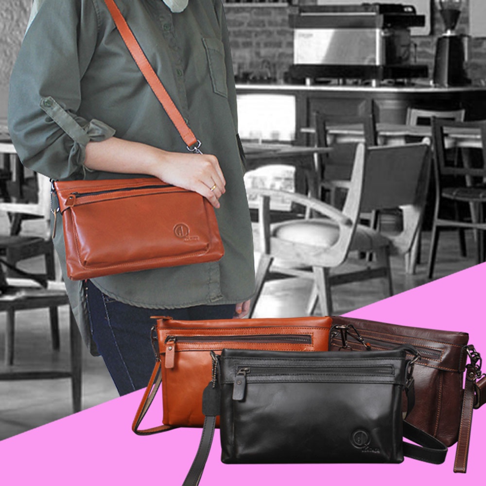 Tas Selempang Kulit Asli Trendy 2 Style Pemakaian Selempang dan Handbag Emboss Qi Leather Original B