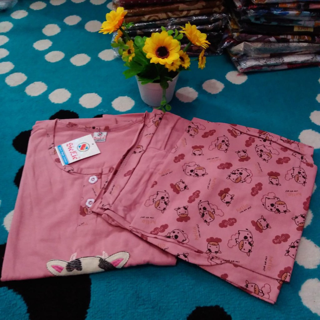 Termurah 3in1 Sie Lie Setelan Baju Tidur Wanita Dewasa Piyama Daily Set Bahan Kaos Tebal Allsize-Dusty Pink