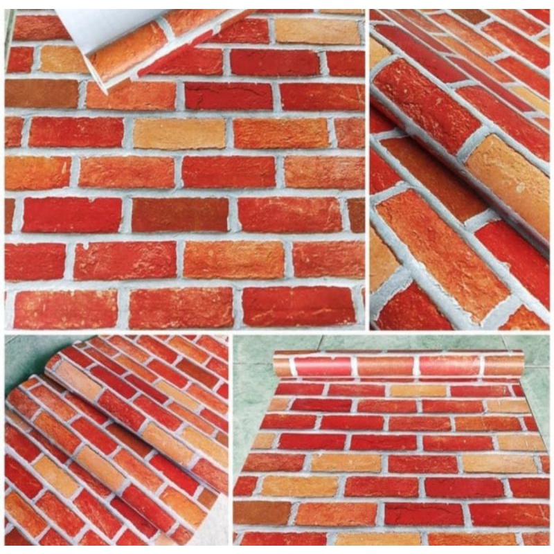 WALLPAPER STIKER DINDING MOTIF BATU BATA MERAH KOMBINASI CREAM LIST PUTIH