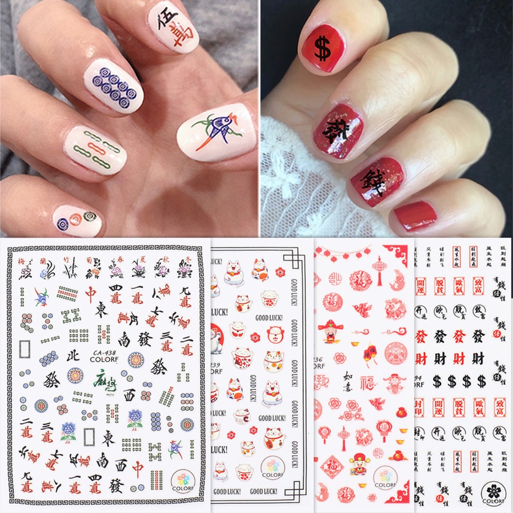 Mxbeauty Stiker Kuku Motif Kucing / Mahjong Bahan Akrilik Untuk Dekorasi Nail Art / Manicure Diy