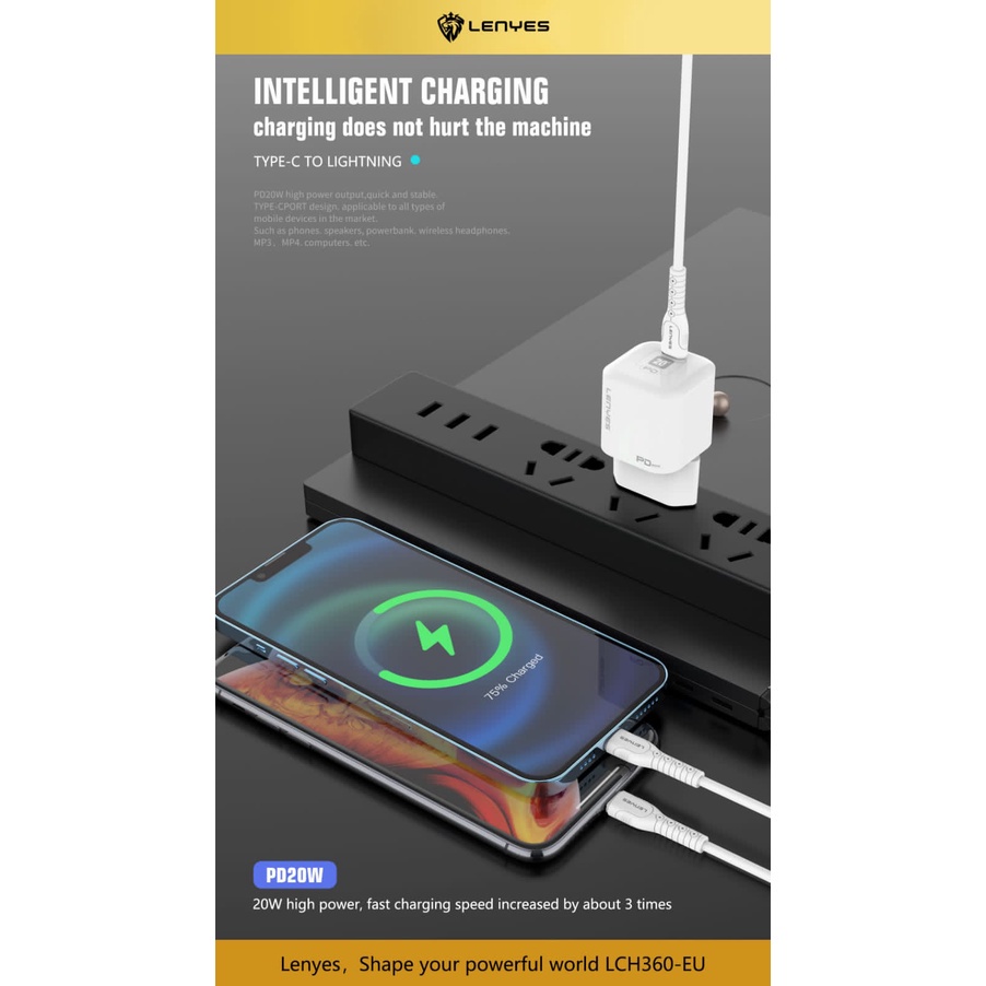 LENYES LCH360 charger PD 20W FAST CHARGING Power Delivery Kabel Data Type C to Type C - Type C to Lightning