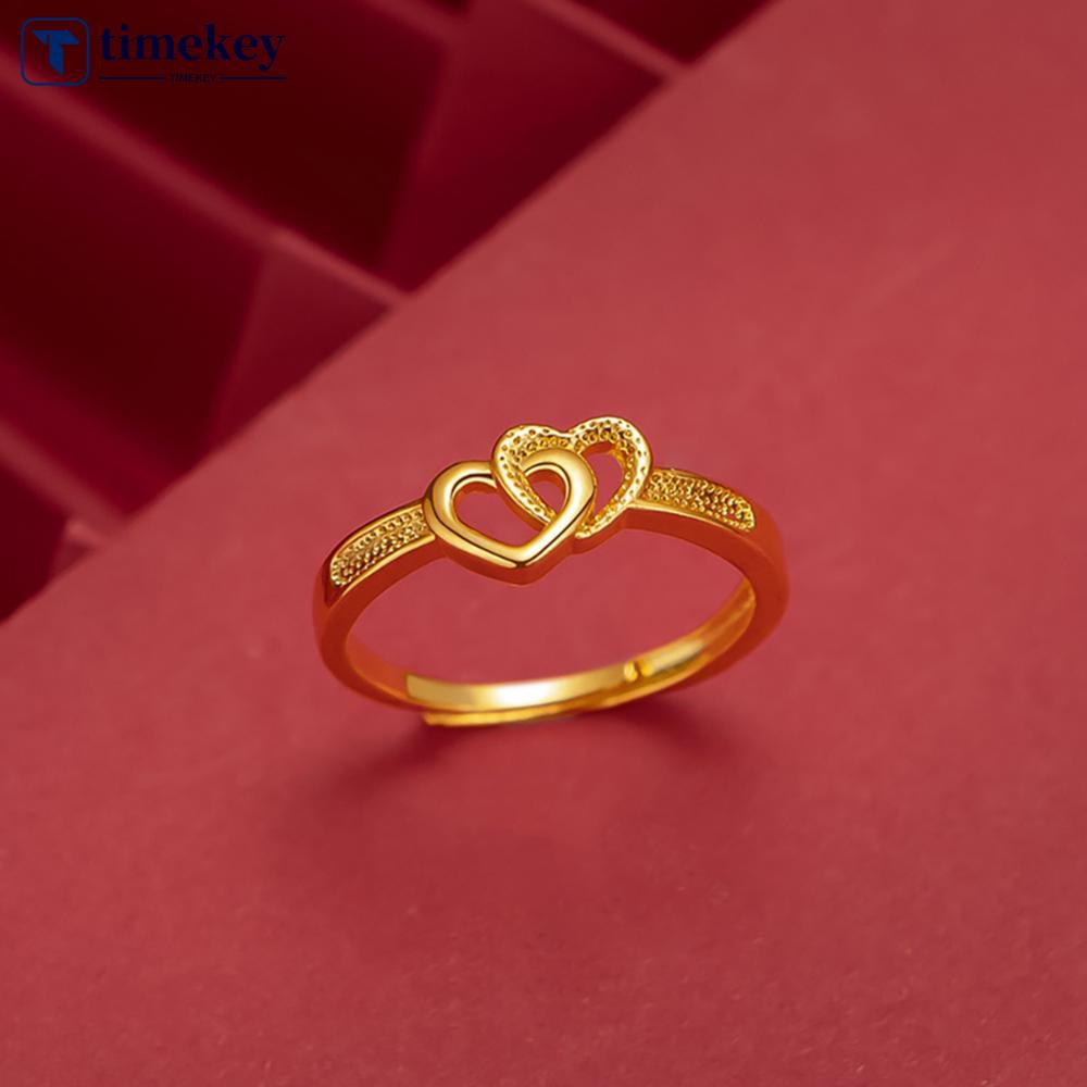 Timekey Cincin Keberuntungan Lapis Emas Desain Hati Ganda Model Terbuka Untuk Wanita A7K7