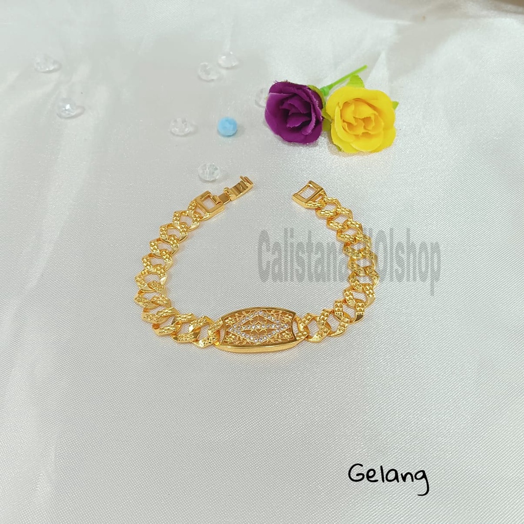 GELANG+CINCIN PERMATA ZIRCON DESAIN ANTIK UKIR  PERMATA SUPEL ELEGAN PERHIASAN EMAS KOREA ANTI KARAT DAN ANTI LUNTUR