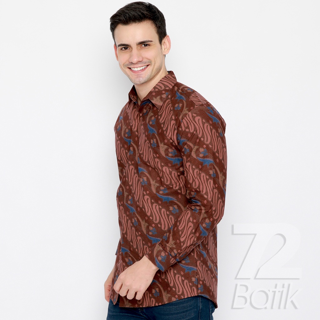 KEMEJA BATIK PRIA Slimfit Slim Fit Lengan Panjang Premium Warna Coklat Cokelat Biru 721090 Cap 72 - Baju Kemeja Atasan Pakaian Setelan Batik Pria Cowok Laki Laki Remaja Keluarga Kantor Lengan Panjang Modern Slimfit Slim Fit Premium Kekinian