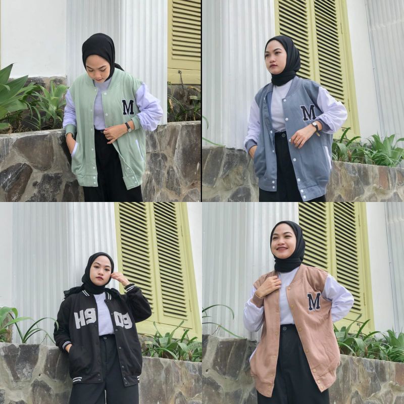 JAKET BASEBALL TEBAL OVERSIZE FLEECE UNISEX COWO CEWE WANITA | VARSITY JACKET HITAM PUTIH PASTEL TWO