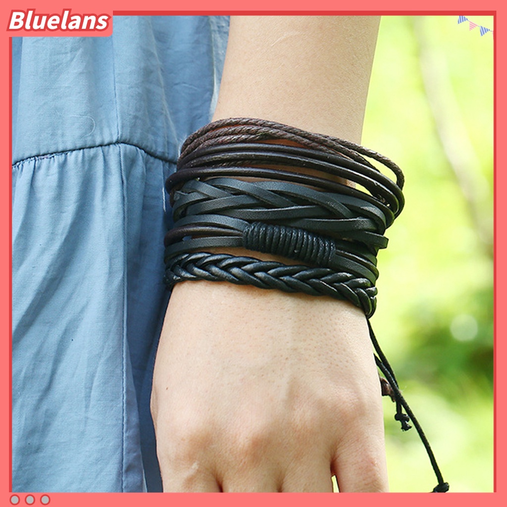 4pcs / Set Gelang Tali Kepang Multilayer Adjustable Handmade Bahan Kulit Imitasi Untuk Unisex