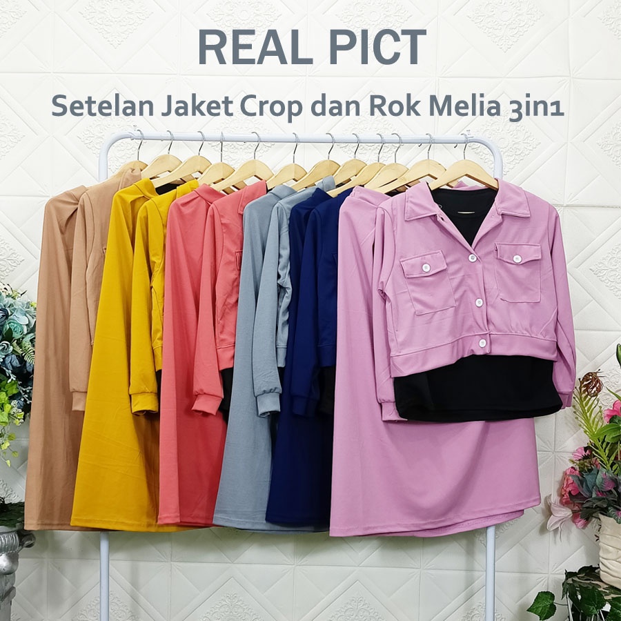 SETELAN JAKET CROP DAN ROK SKIRT MELIA 3in1 GL FASHION