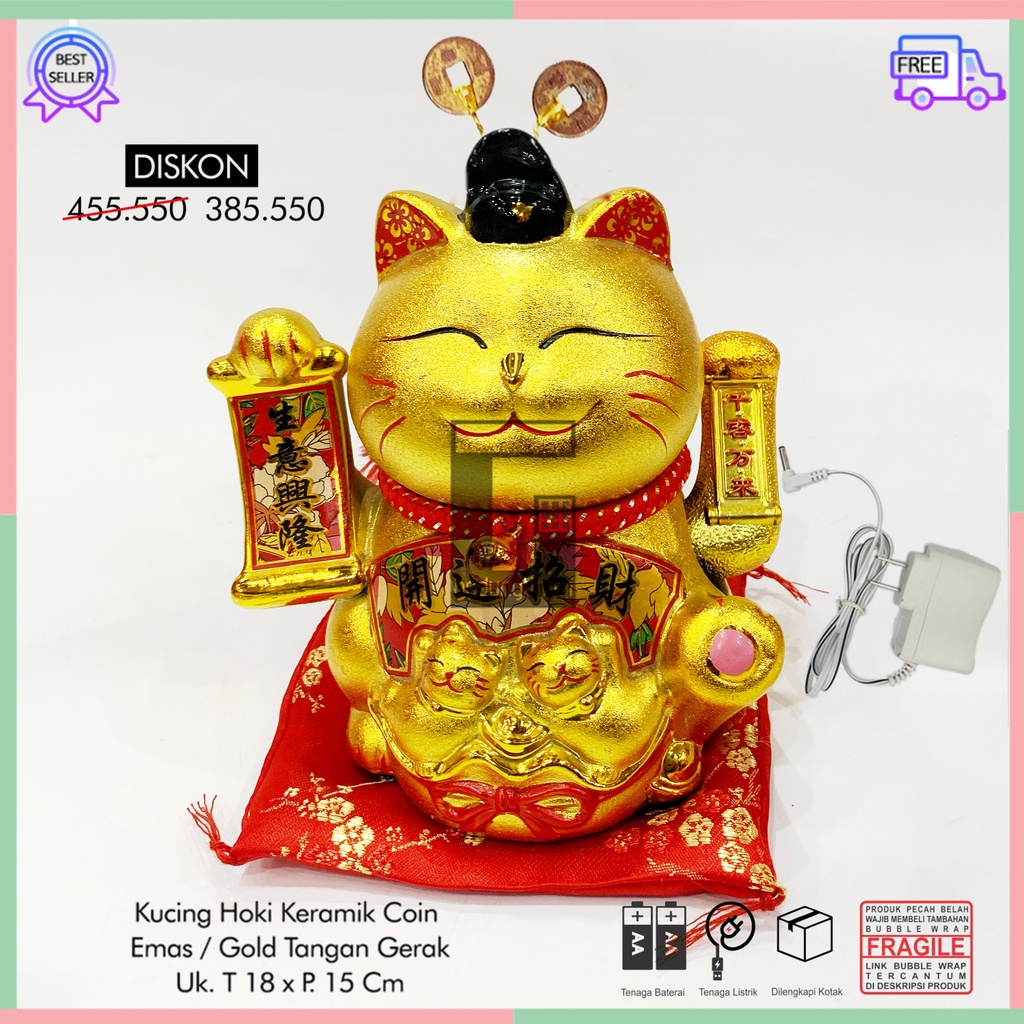 Patung Pajangan Boneka Hiasan Kucing Hoki Fengshui Maneki Neko Maneko Neki Keberuntungan Lucky Cat Jepang Cina China Keramik Ceramic Gold Emas Baterai Batrai Batre Batrei Baterry Batery Listrik Tangan Gerak Goyang Melambai Panggil Memanggil Rejeki Murah