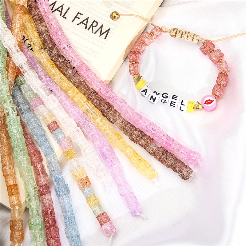 59pcs / 38cm 6mm 11 Warna Manik-Manik Kubus Kaca Retak Untuk Membuat Perhiasan Anting Gelang Wanita Diy