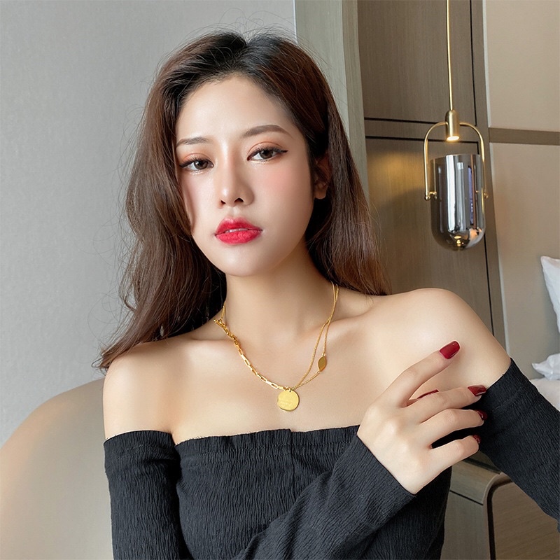 Kalung Titanium Koin Rantai Kombinasi Gold 18K Mirip Emas Asli Vintage Korea Fashion Style