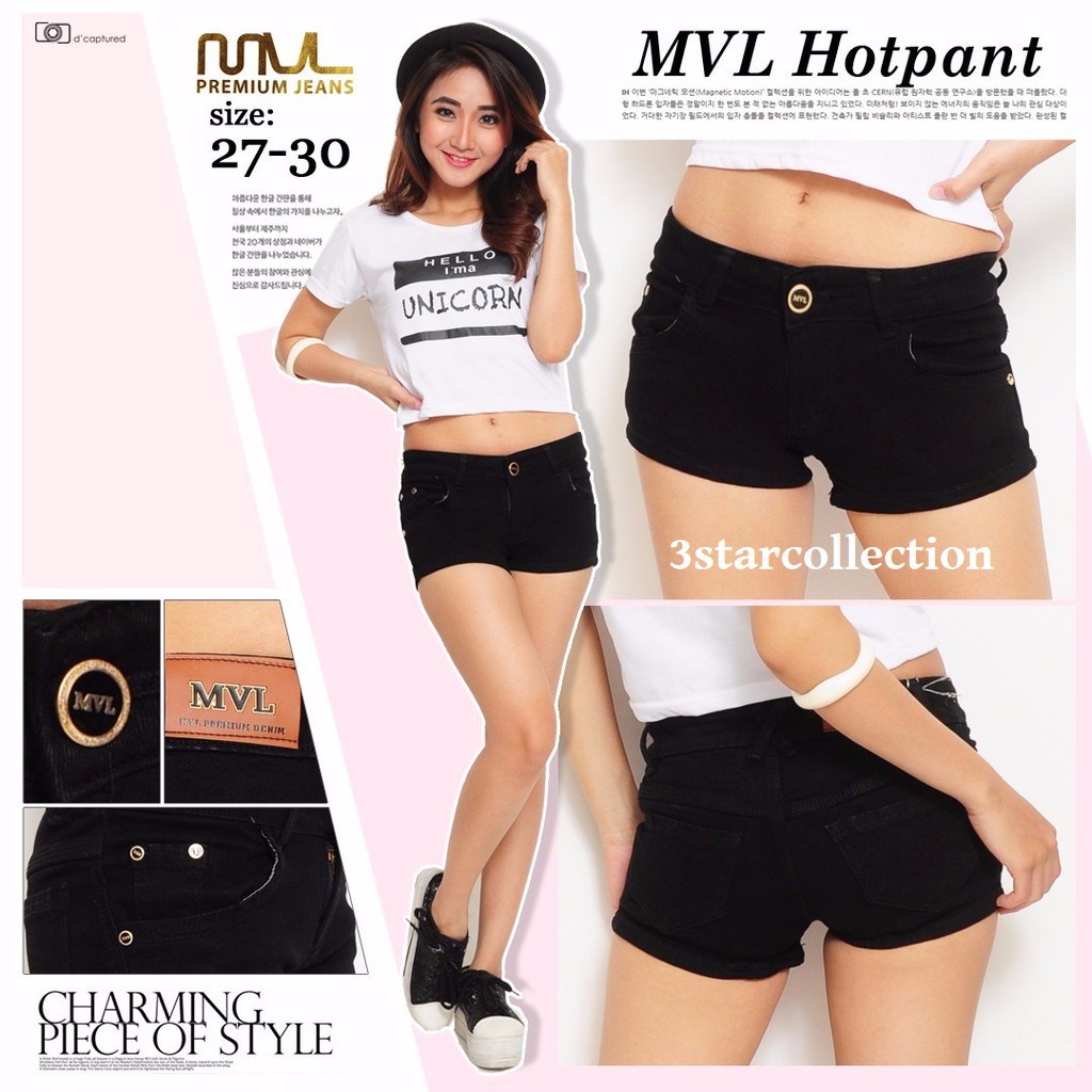 Hotpants Jeans MVL-594 / Celana Jeans wanita MVL / Celana Pendek Jeans MVL kancing 1-Hitam