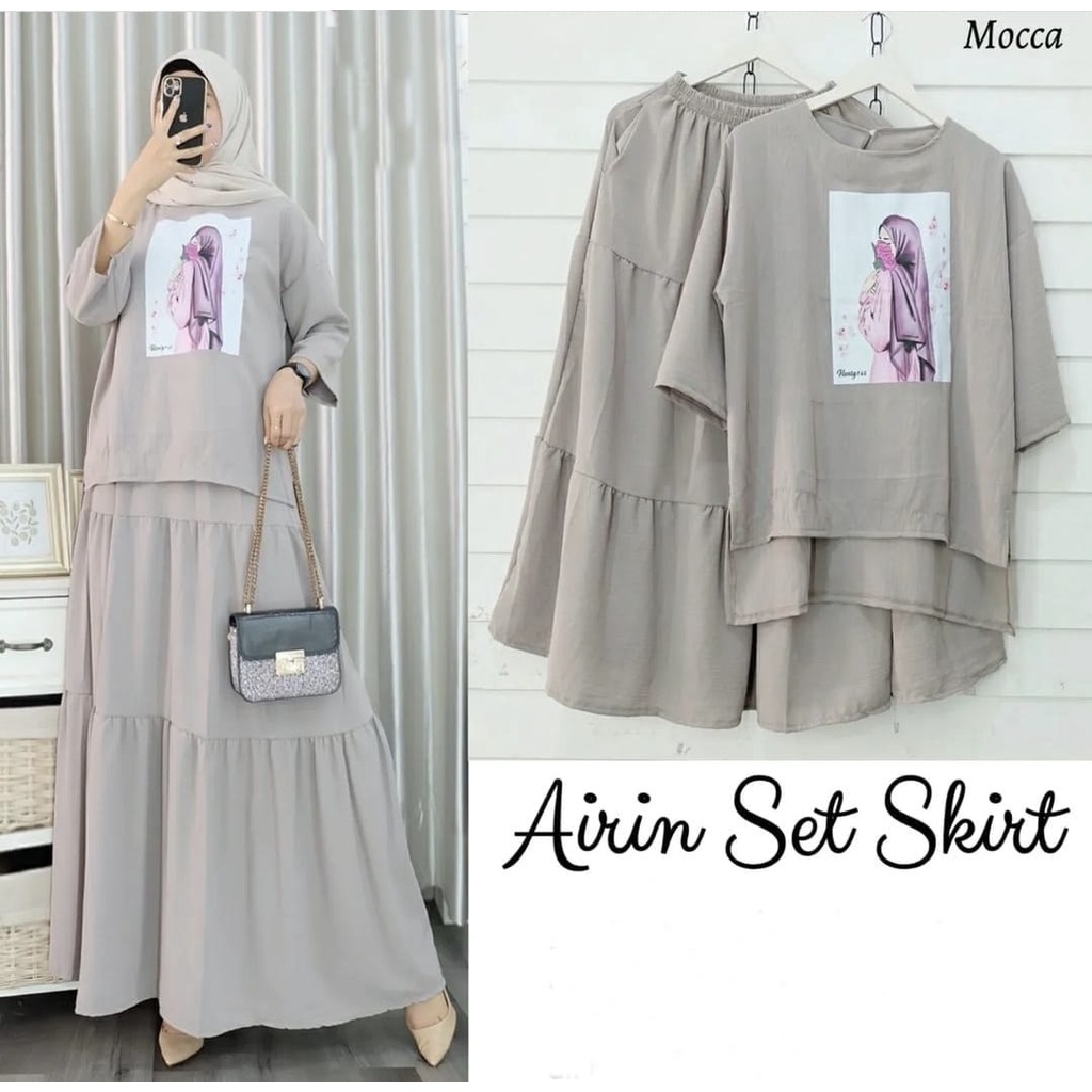 PCS SET AIRIN FASHION BUSANA SETELAN WANITA ATASAN DAN ROK BAHAN MOSCREPE MR