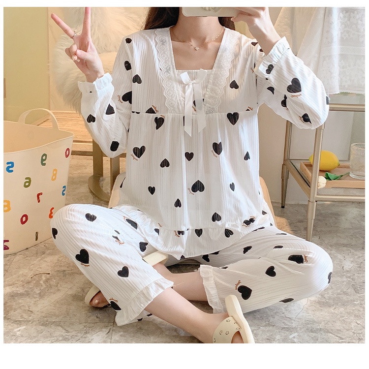 Baju Tidur / Piyama Import Wanita Motif Celana Panjang Lengan Pendek Stelan Sleepwear 3in1 Jumbo-RENDA-Love Putih