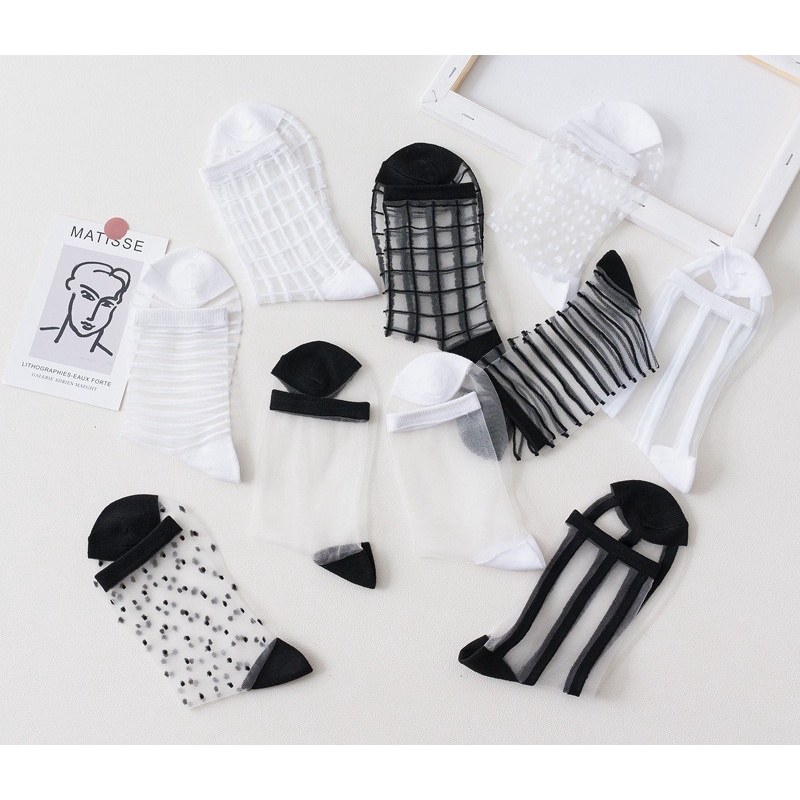 Kaos Kaki Transparan Bermotif Kaos Kaki Wanita Import Elegant Ankle Stocking KK-019-3