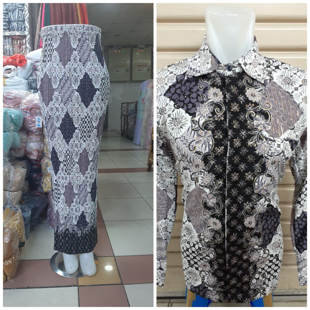 Setelan Couple Kemeja Batik Pria Panjang Dan Bawahan Kebaya Rok Plisket Wanita