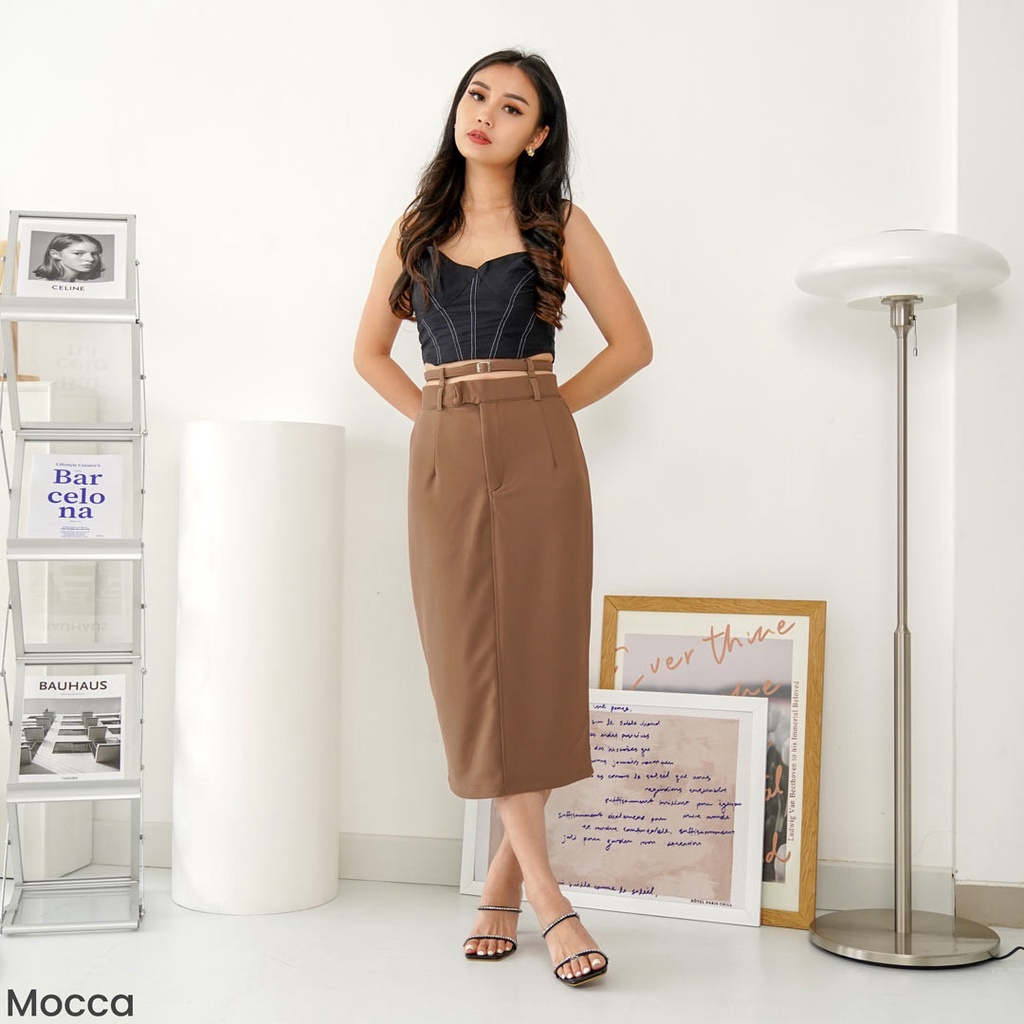 Midi Skirt Upper Belt Bawahan Rok Wanita