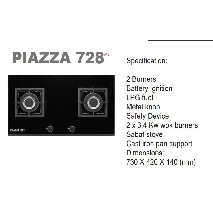 Kompor tanam diamante piazza 728 2 tungku