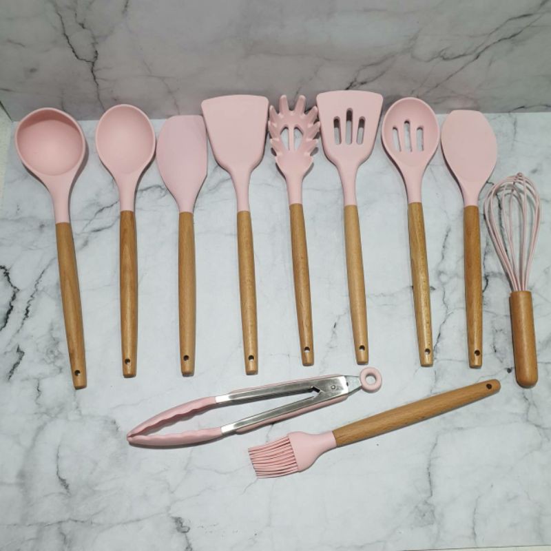 12pcs silicone cooking utensil spatula with wooden holder /alat masak silikon