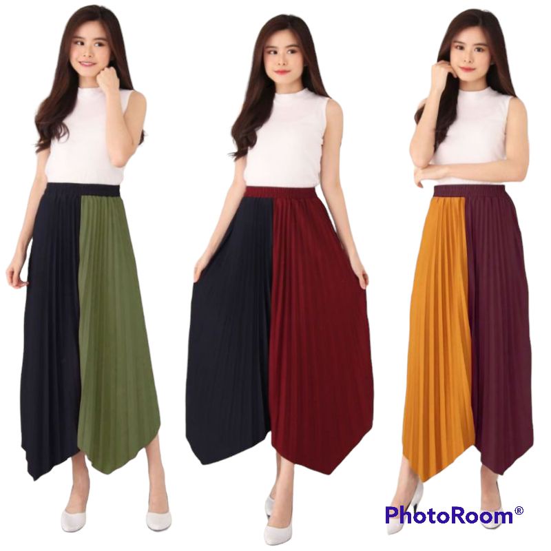 ROK PLISKET WANITA LANCIP COMBINASI WARNA// BAHAN HYGET SUPER PREMIUM