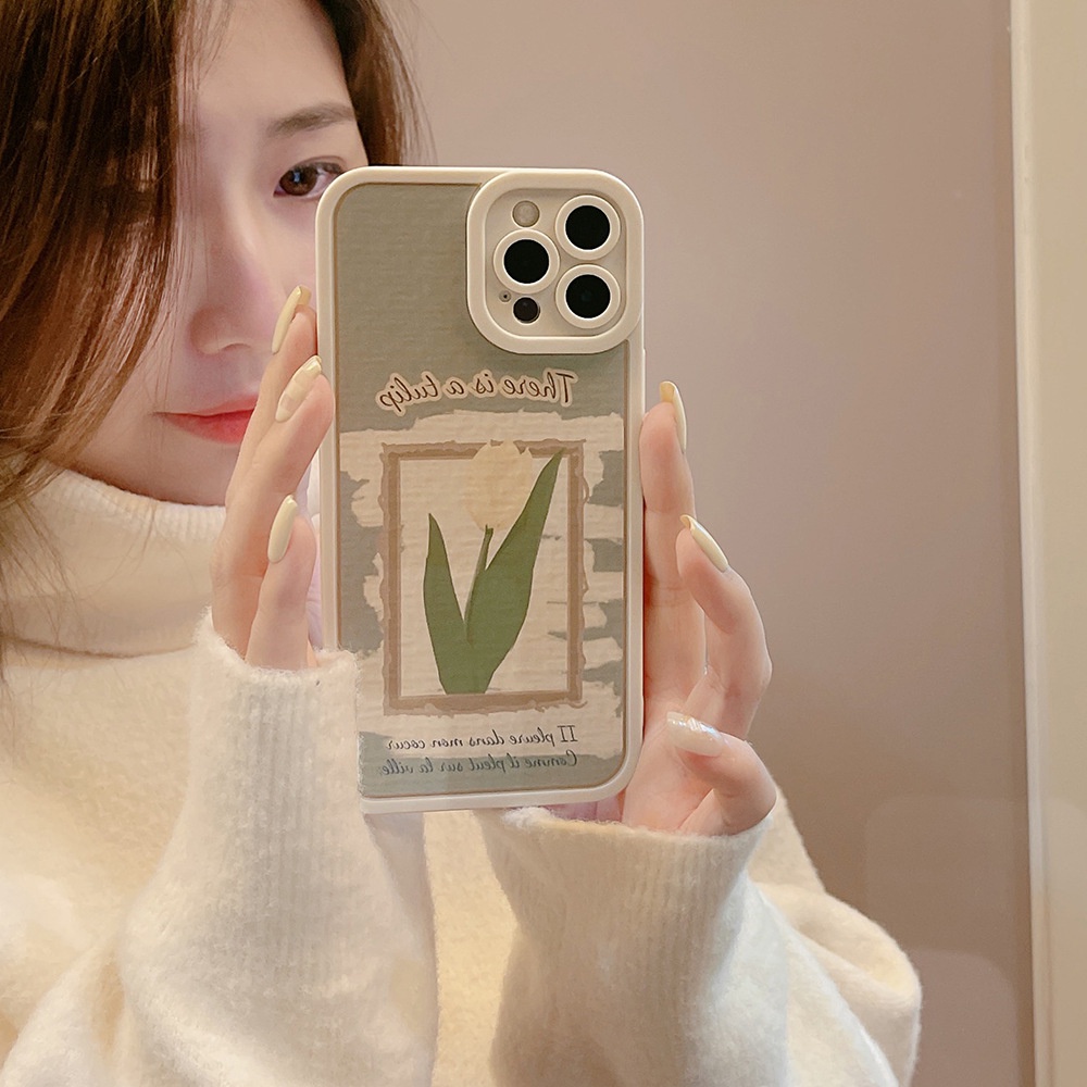 IPHONE Soft Case Handphone Bingkai Foto Tulip Putih Vintage Untuk Iphone7 8 PLUS X XR XS 11 12 13 14 MINI PRO MAX SE 2020 Cover