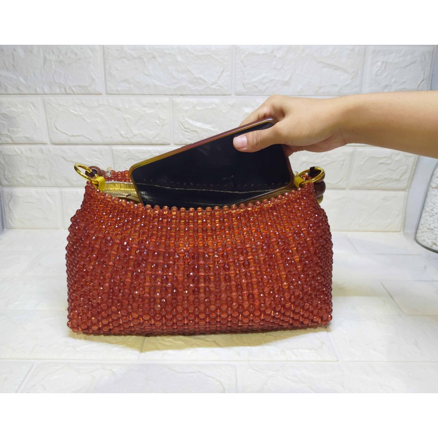 LIMITED EDITION ! Brown Beads Shoulder Bag - Tas Tenteng Fancy,Elegant