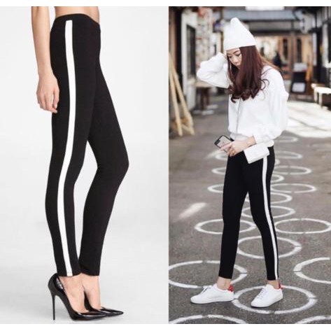 Legging Strip/Line/List Putih Panjang Wanita Polos Fit To L Max BB 65Kg / Legging Stripe Standar