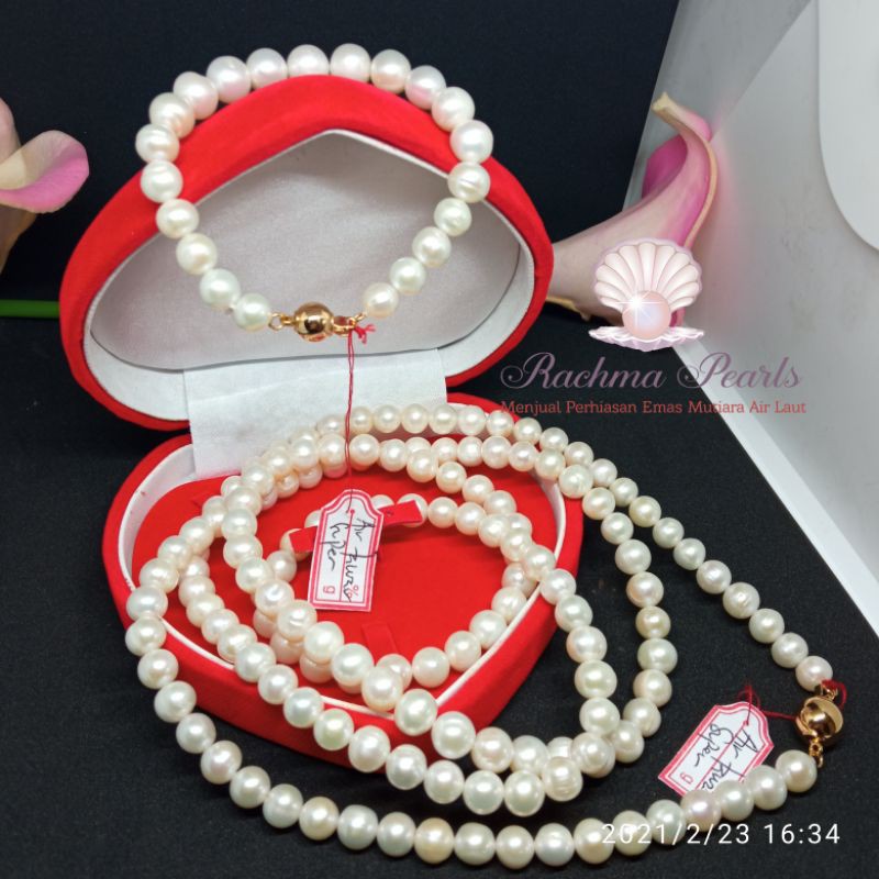 Kalung dan gelang hijab jilbab panjang 100cm mutiara air tawar super asli lombok warna putih 8mm