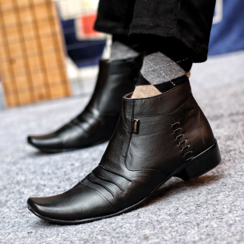 BADAMI BLACK Sepatu Pantofel Zipper Resleting Pria Kulit Asli Tinggi Lancip