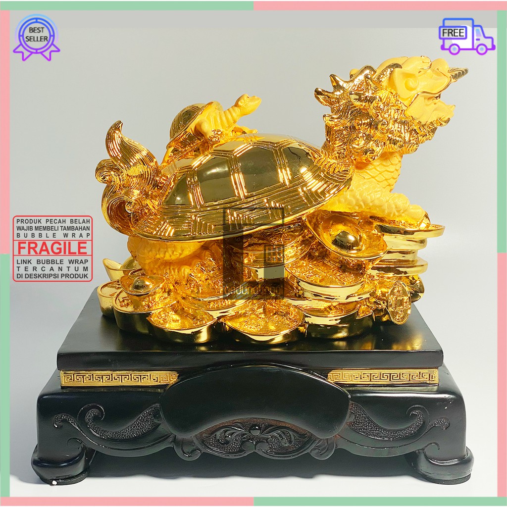 Hiasan Dekorasi Kado Hadiah Patung Pajangan Hewan Kura Kura Kura-Kura KuraKura Penyu Turtle Kepala Kaki Tiga Shio Naga Lungkui Gigit Coin Koin Amulet Hoki Rejeki Keberuntungan Lucky Gold Emas Kuningan Fengshui Tahun Baru Imlek Sincia Besar Jumbo Gift Box