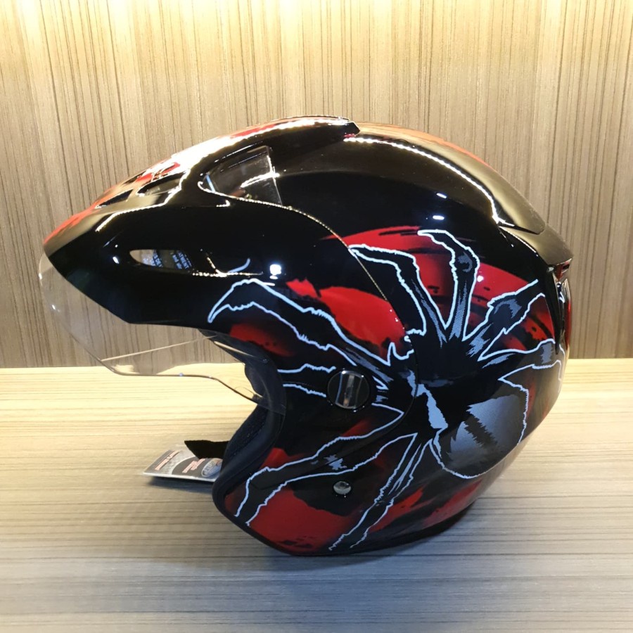 Helm Half Face Dewasa Single SNI Visor Virtue Tarantula Black Red Glos