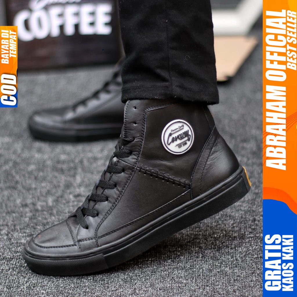 Sepatu Formal Kulit Asli Full Hitam Tali Pantofel Kerja Pria Abraham Dante High