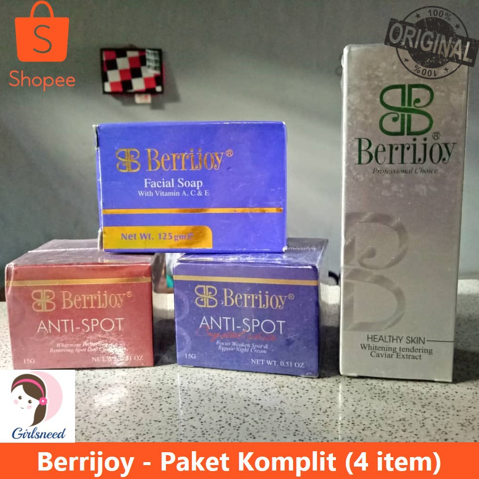 Berrijoy Paket Komplit 4 item Krim Siang Malam Sabun Serum Whitening Essence Anti Noda Flek Hitam