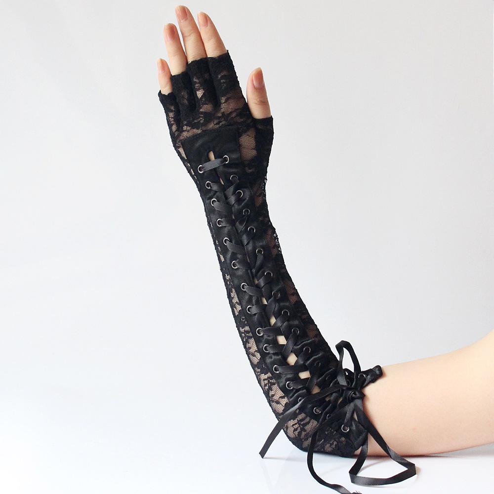 LTX-03 sarung tangan panjang setengah jari renda ikat pita half finger long gloves sexy lace