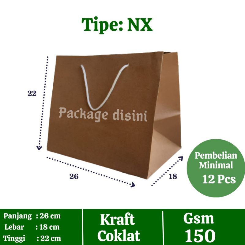 

Paper bag NX tali putih, Tas kertas coklat polos, tas kertas bento, P26 L18 T22