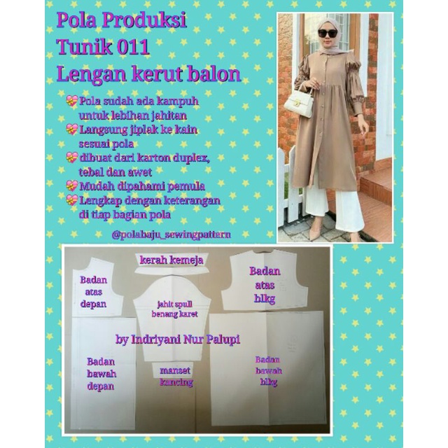 POLA PRODUKSI TUNIK 011 - Pola Tunik tangan balon - Pola Baju - Pola instan