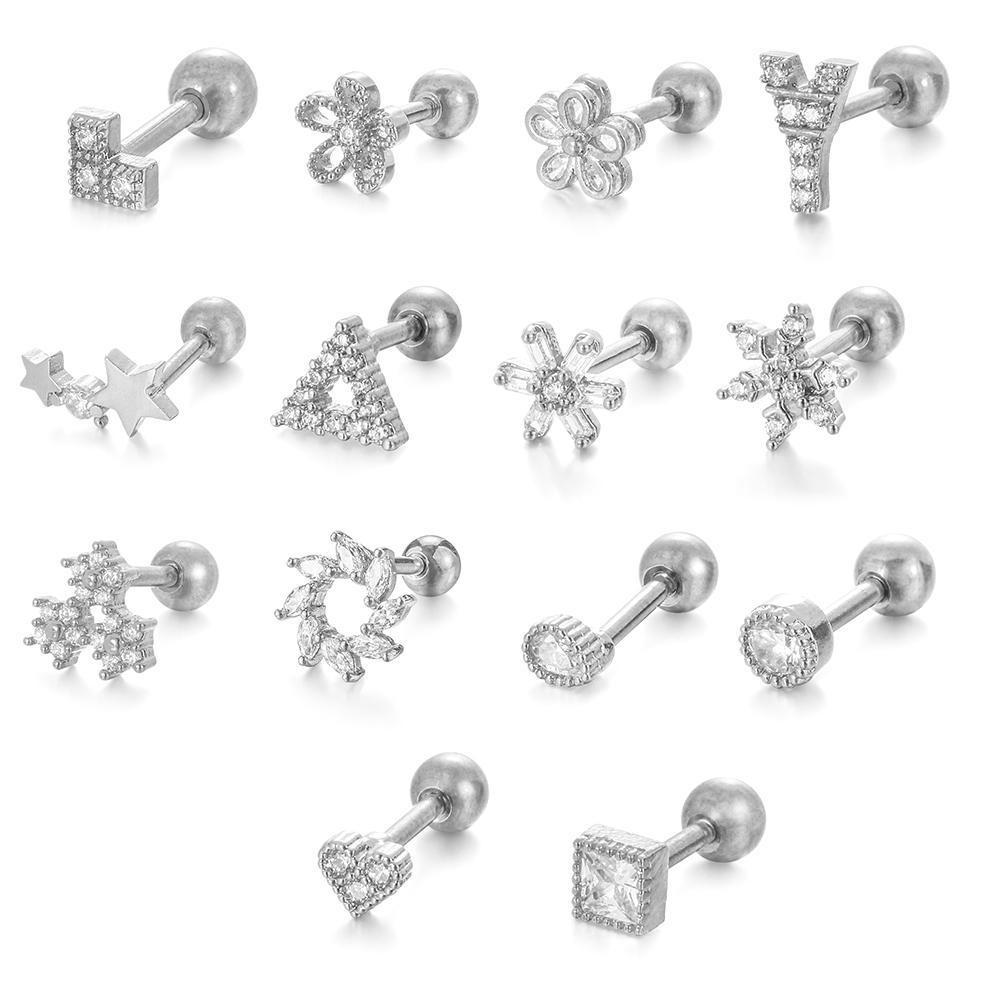 R-flower 1PC Anting Tindik Tulang Rawan Kristal CZ Zircon Bunga Eiffel tower Stainless Steel