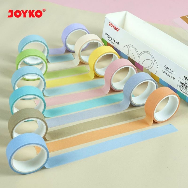 (1SET 12 WARNA)Washi Tape / Pita Perekat / Selotip Kertas Warna Joyko WT-100